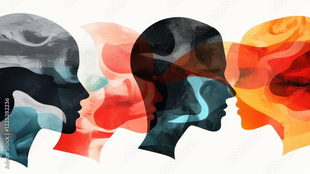 Poster abstract overlapping shapes and colors forming a captivating surreal composition
