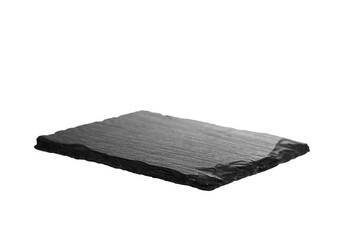 Rectangular black slate serving board with a rough texture and uneven edges, isolated on a white background. Ideal for food presentation or decoration