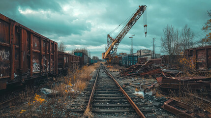 Obraz premium Abandoned Industrial Train Yard with Rusting Freight Cars Under Cloudy Sky