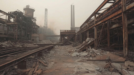 Fototapeta premium Desolate Steel Mill Ruins with Rusted Beams and Collapsed Structures Amidst Gloomy Atmosphere