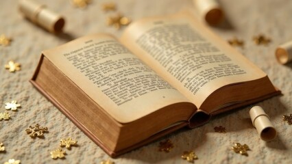 Obraz premium A book is open to a page with a gold star on it. The book is on a table with some gold star confetti