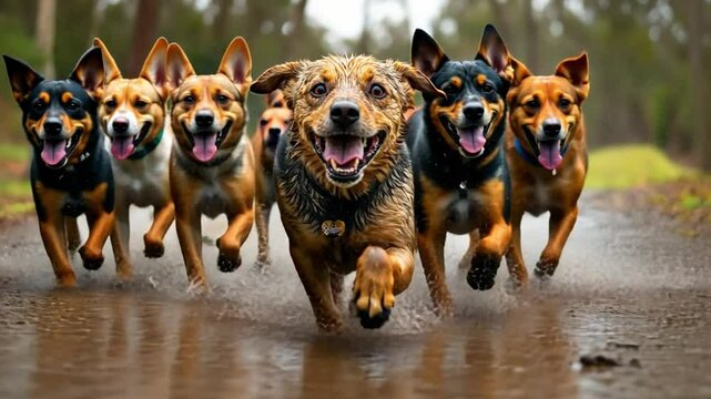 A Pack of Joy: Six playful dogs bound through a muddy forest path, their tongues lolling and tails wagging,  a joyous testament to the power of canine companionship.