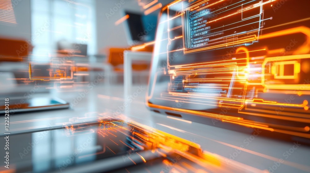 Poster dynamic digital workplace with futuristic software and coding concepts