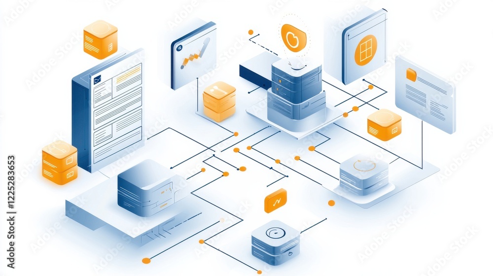 Aufkleber isometric diagram of interconnected digital technologies and data systems