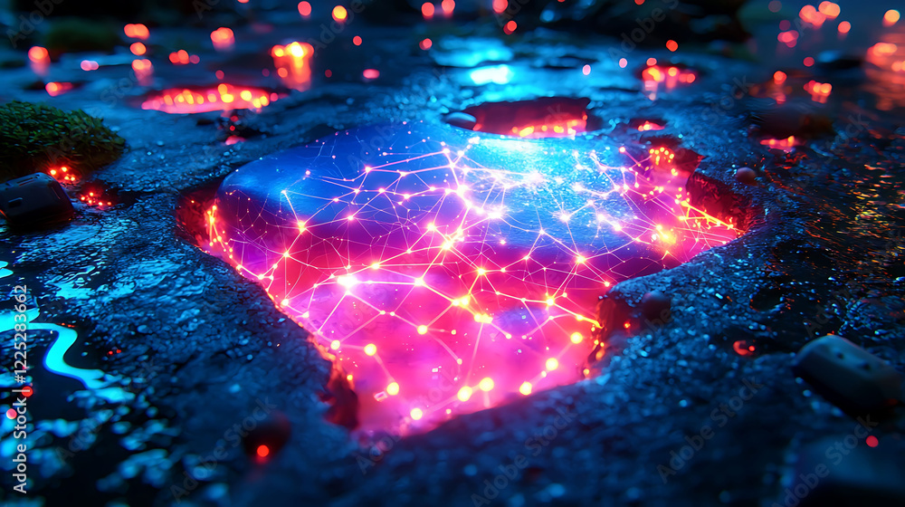 Poster stunning abstract image of glowing network nodes embedded in a dark, textured surface. vibrant pink 