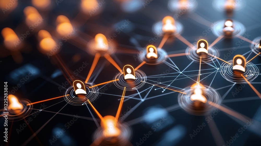 Poster futuristic cyberpunk inspired digital network visualization with glowing nodes and interconnecting l