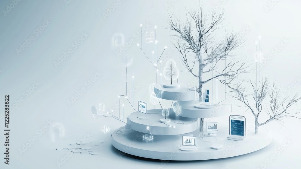 Aufkleber futuristic floating platform with tree in serene digital landscape