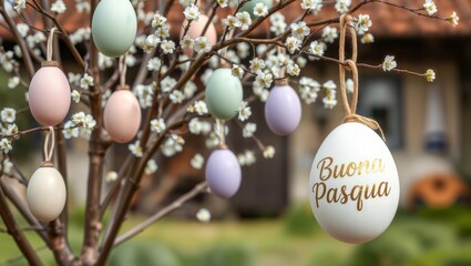 Easter egg tree. Decorated tree with pastel-colored Easter eggs and white blossoms, featuring a large egg with "Buona Pasqua" text.