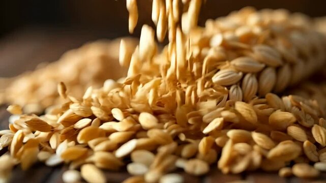 A pile of wheat and rice on a wooden table. The wheat is in the middle and the rice is on the left