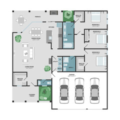 Floor plan of a house with 3 car garage.