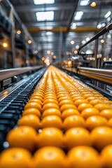 Orange fruit moving on a conveyor belt in a factory with a blurred background of lights