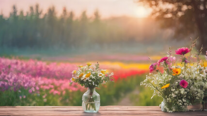  Flower bouquet in vase on wooden plunks with a nature landscape  background . AI generated image, ai