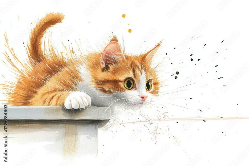 Poster A whimsical 2D drawing of a cat hesitating to jump off a counter, its paw extended mid-air and its face showing uncertainty, with a white background emphasizing its expression