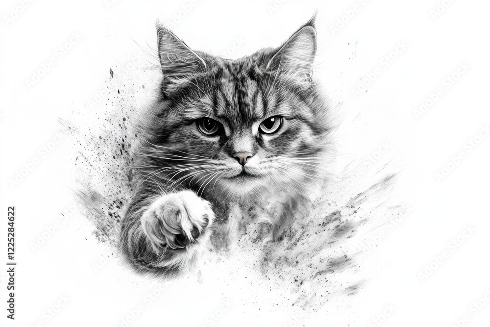 Poster A whimsical 2D drawing of a cat hesitating to jump off a counter, its paw extended mid-air and its face showing uncertainty, with a white background emphasizing its expression