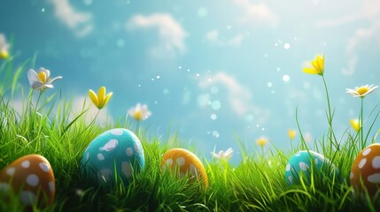 Colorful Painter Easter Eggs In Green Grass Over Blue Boker Blurred Sky Background Vector Illustration