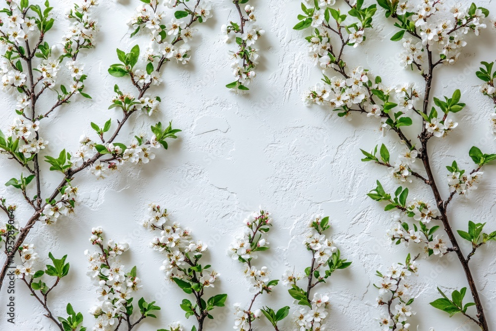 Poster White blossoms on branches arranged on a textured white background creating a frame for copy space