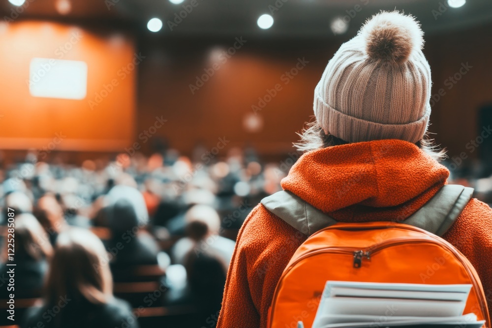 Poster a young adult standing in front of a packed lecture hall, holding a stack of notes with a nervous ex