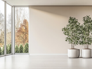 Modern interior design with large windows and greenery in a minimalist space