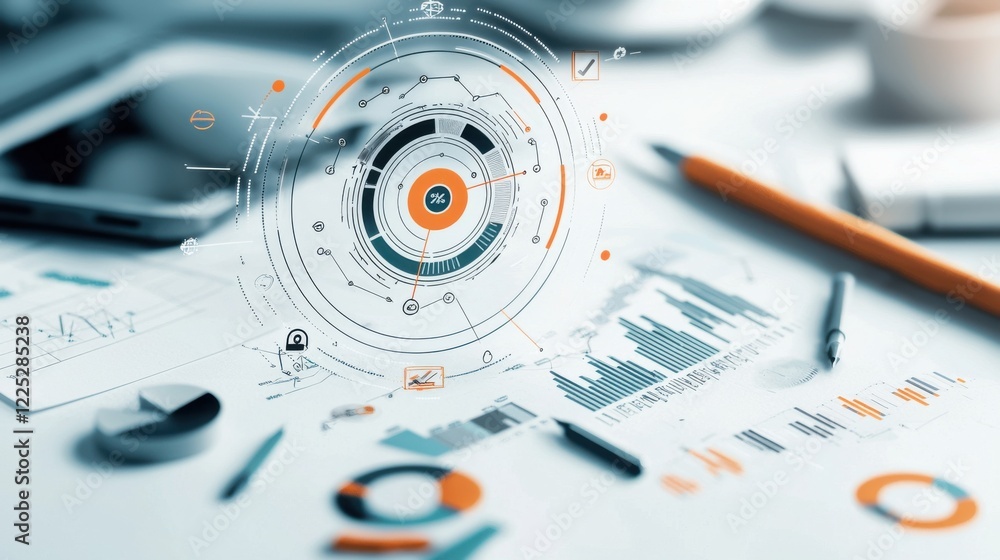 Poster futuristic financial analytics dashboard with holographic data visualization