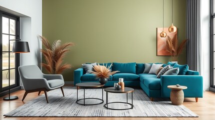 Modern luxury interior designs. Empty painted wall.dark accent furniture and a blank background.Living interior trend year Modern luxury apricot drawing room interior home designs	