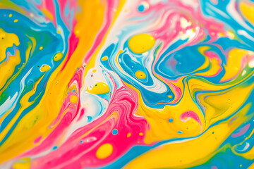 Vibrant abstract swirl of blue, pink, yellow, and white paint blending together, creating a dynamic visual