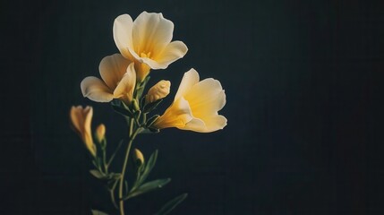 A selective focus shot of a beautiful yellow freesia flower with blurred dark background