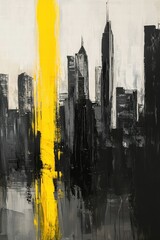 City skyline artwork with abstract yellow and black color palette, representing urban life and modern architecture, ideal for decoration and creative spaces.