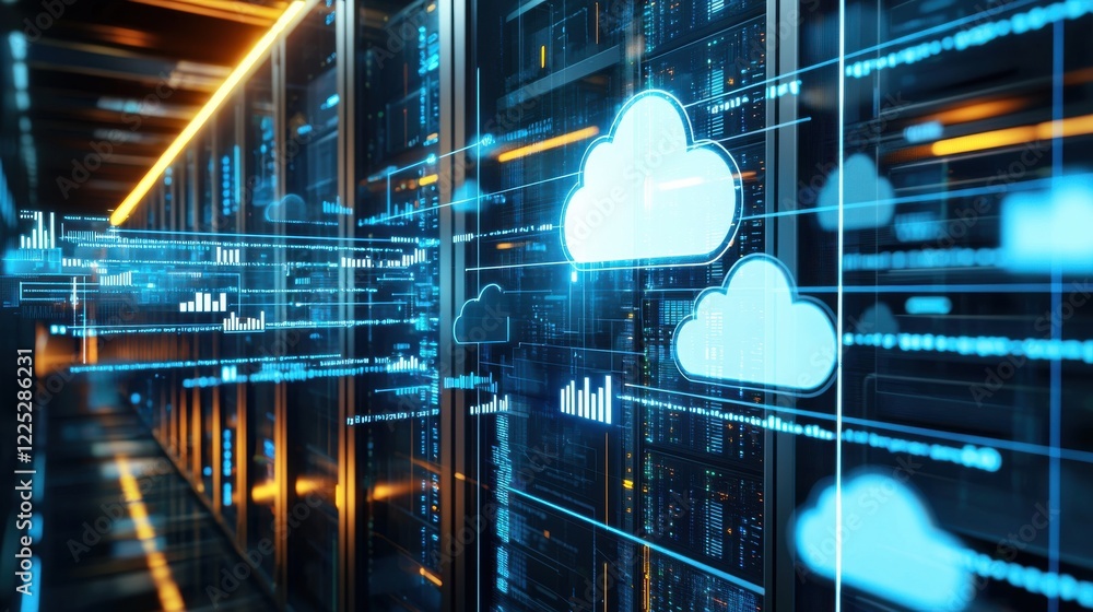 Poster cloud computing data network infrastructure technology concept with futuristic digital server
