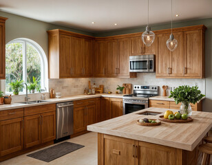 Fototapeta premium Kitchen layout photography with a wooden kitchen island, kitchen counter and some other convenient kitchen interior in morning. Photo for product displaying or design key visual layout