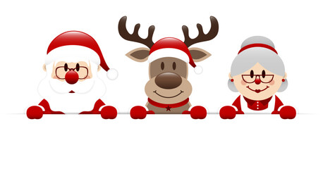 Weihnachtsmann Rentier Und Oma Halten Horizontales Banner Dunkelrot