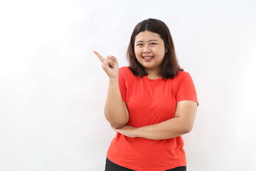 Image of smiling lady, asian woman pointing fingers left, showing client info, chart of banner aside on copy space, white background.