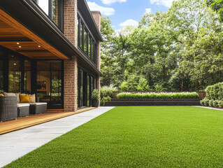 Naklejka premium Modern backyard with lush green lawn and comfortable seating area set in a natural landscape