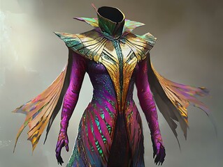 Majestic armored figure stands cloaked in layered iridescent garments against grey backdrop