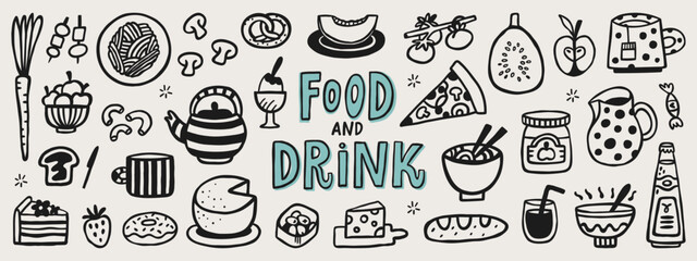 Cute food and drink hand-drawn doodle elements. Cafe vector set, breakfast, brunch, lunch menu drawings