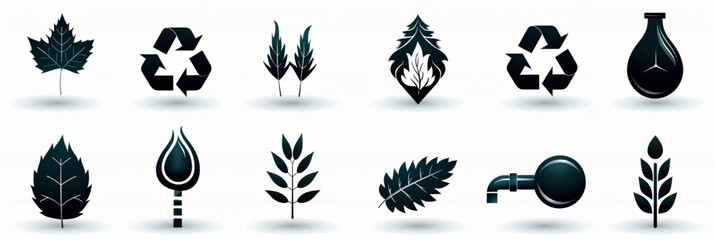 A set of black and white leaf silhouette icons, Net Zero, Sustainable, unique vector icon set