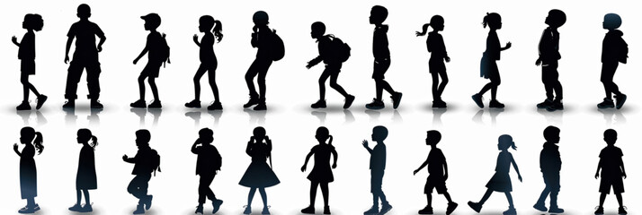 Black silhouette of a young boy and girl in different acting poses vector illustration icon set, unique vector icon set