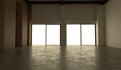 Inside the building, brick wall, old building, 3D illustration