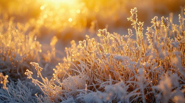 Frost-Kissed Meadow at Sunrise with Tall Grass and Wildflowers Glowing in Soft Light