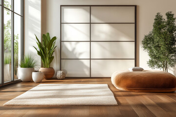 Modern serene living space with natural light and plant decor in cozy atmosphere