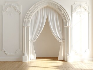 Serene Archway Curtains Drape Elegantly in Minimalist Interior Design for a Peaceful Entrance