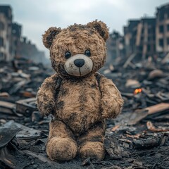 Worn teddy bear stands amidst ruins of destroyed buildings in a desolate urban landscape