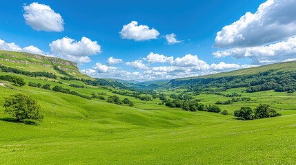 Obraz premium Sunny valley landscape, green hills, blue sky, clouds, idyllic countryside scene, perfect for travel brochures