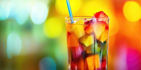 A colorful fruit punch served in a tall glass with a straw.