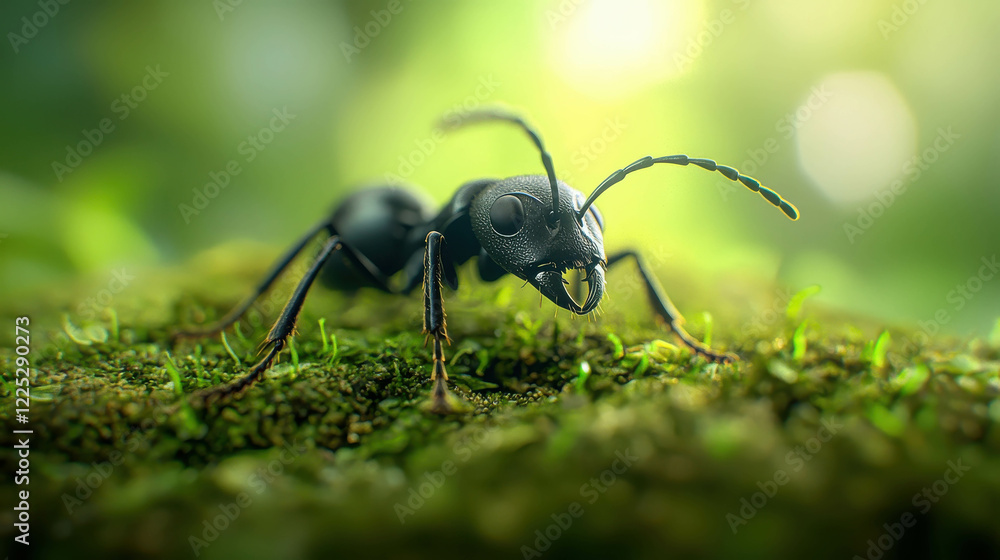 Poster detailed macro image of an ant navigating across a lush green surface in nature