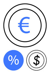 Euro, dollar, and percentage symbols in diverse circular designs. Ideal for financial concepts, currency exchange, economic trends, global trade, banking investment monetary policy. Abstract line