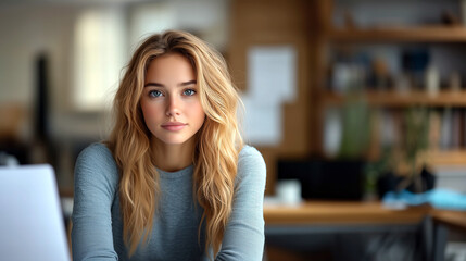 Portrait of a Young Woman with Curly Blonde Hair and Blue Eyes in a Modern Office Setting