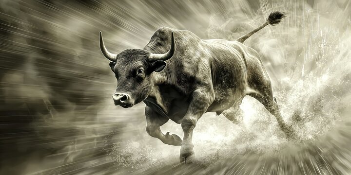 A conceptual image of a bull running through a stock chart.