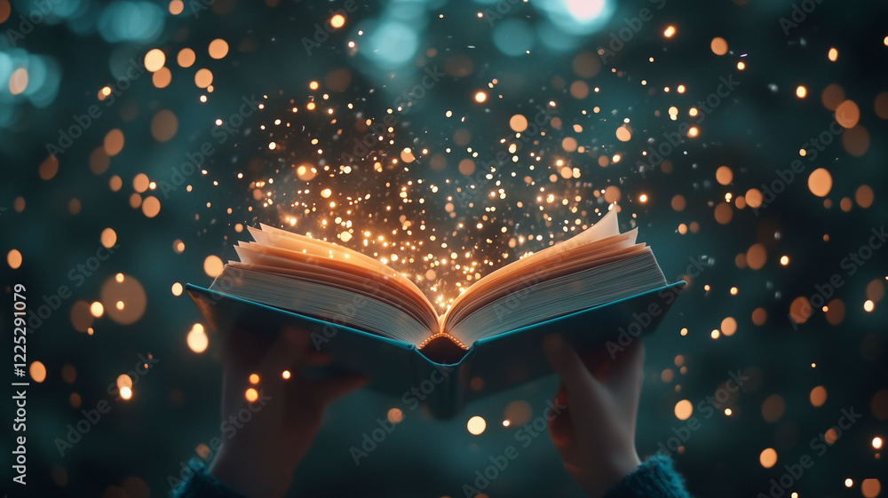 Aufkleber person holding open book with glowing particles emerging from it, creating magical atmosphere. scene