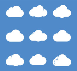 Cloud icon set. Abstract white cloud set isolated on blue background. Vector illustration