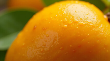 A close-up of a ripe, juicy yellow-orange fruit with water droplets on its surface, set against a blurred green leaf background. Perfect for food, health, and nature-related designs.
